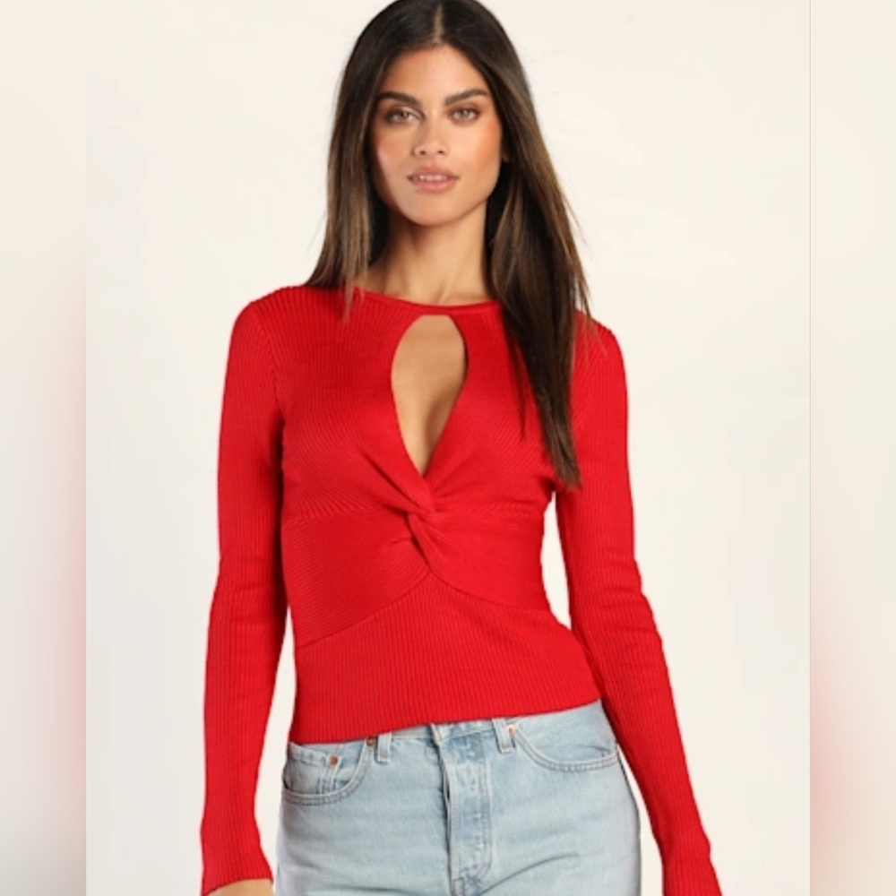 Chicest Season Red Ribbed Twist-Front Long Sleeve Top Size Medium